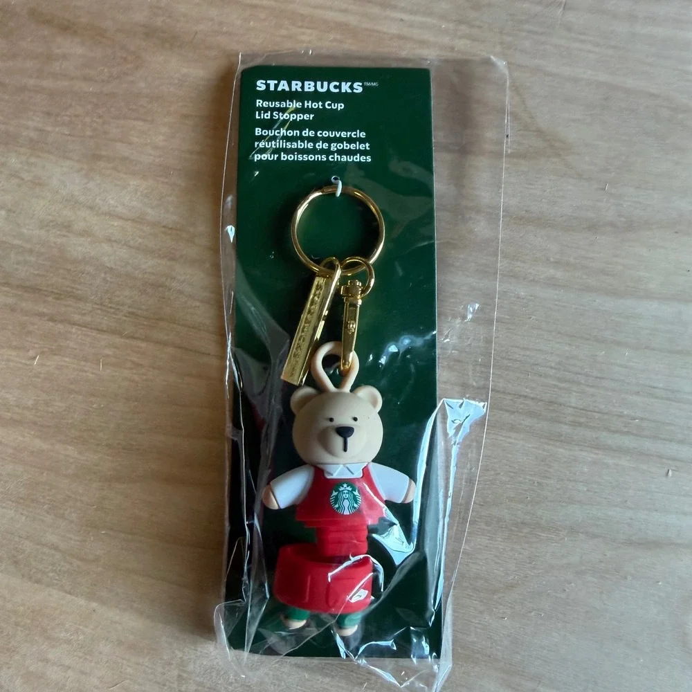 STARBUCKS Reusable‎ Lid Stopper Red Bearista Barista Keychain Women's OS New